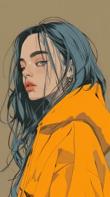 Moody portrait highlights teal hair, bold amber hoodie.