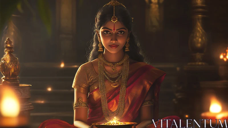 Woman in red saree holds oil lamp in dim temple interior