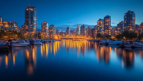 Harbor towers shimmer in sapphire dusk and golden reflections.