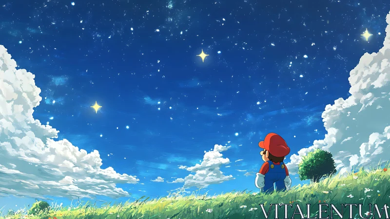 Mario gazes at a star-filled sky over a tranquil meadow.