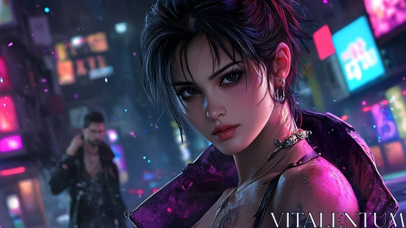 Cyberpunk street portrait of wet-haired woman in neon rain