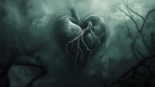 Dark biomechanical heart floats in eerie toxic mist