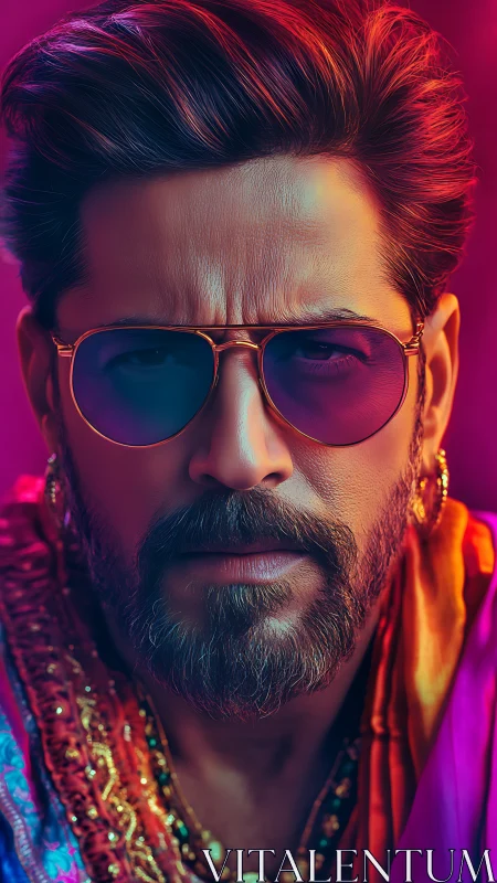 Bearded man in tinted sunglasses under neon lighting.