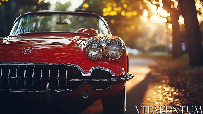 Sunlit red classic convertible on a tree-lined avenue.