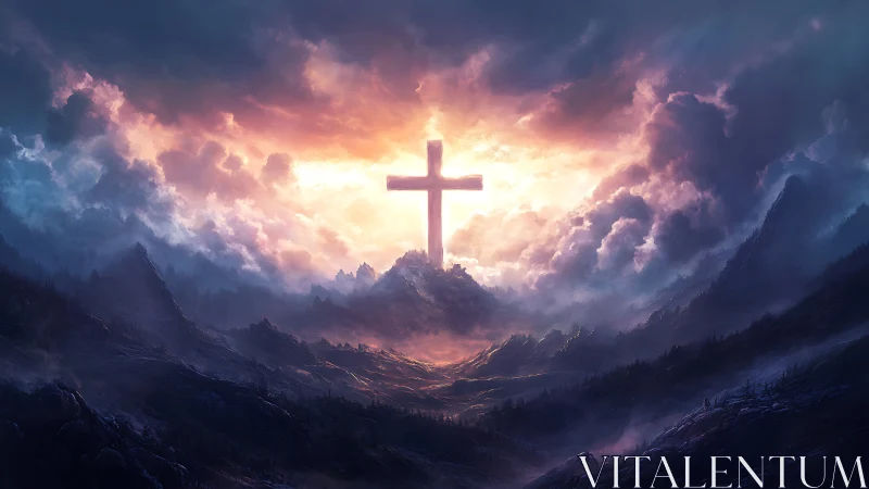 Radiant cross rising over misty mountains at dawn.