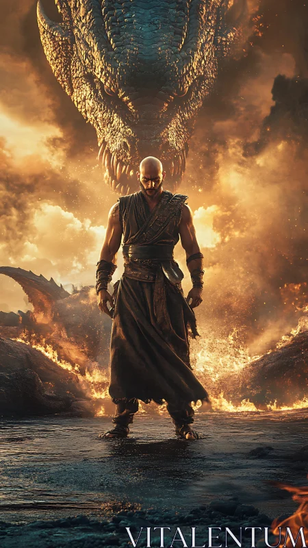 Warrior stands before massive dragon in fiery wasteland.