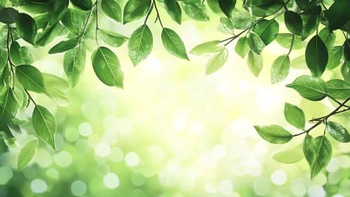 Sunlit green leaves frame glowing spring bokeh background.