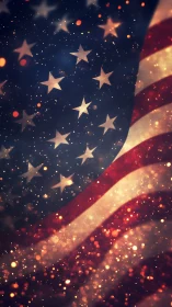 Defocused American flag with particle bokeh and warm tonal gradients