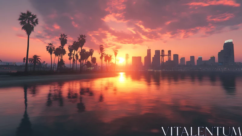 Sunset city skyline glows beyond tranquil palm-lined shore.