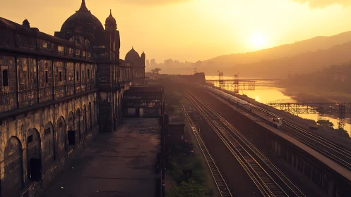 Sunlit railway perspective beside historic domed station façade.