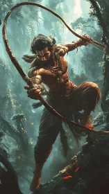 Warrior archer with bow in dense misty forest environment.