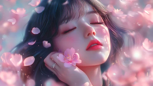 Soft-focus digital portrait captures serene cherry blossom reverie