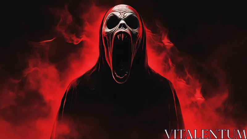 Hooded skeletal figure in red smoke on dark background.