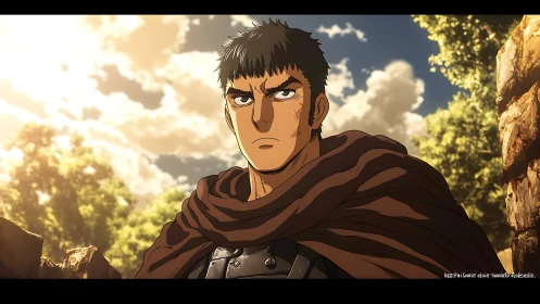 Armored warrior stands outdoors under bright afternoon sky