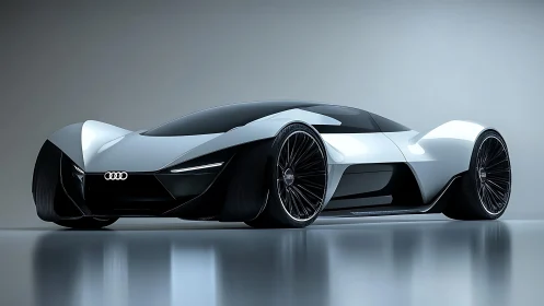 Futuristic white Audi concept hypercar rests on reflective floor
