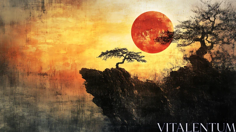 Fiery red sun settles over quiet cliffs and wind-shaped trees