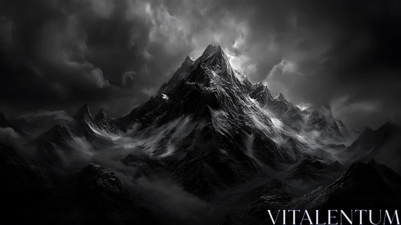 Nocturnal alpine massif under storm-lit stratiform clouds