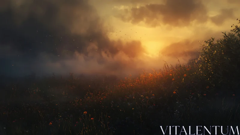 Volumetric sunrise over misty wildflower meadow with storm clouds