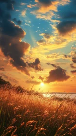 Golden meadow sunset under dramatic sculpted cloudscape.