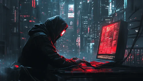 Hooded cyberpunk hacker at glowing red terminal in city.