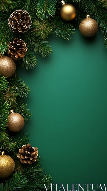 Golden Christmas baubles frame deep green festive background.