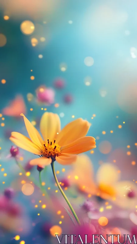 Yellow Cosmos Flower with Bokeh Light Particles in Gradient Field