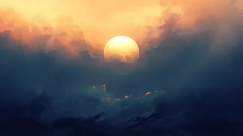 Sun glowing through dense clouds in a dramatic sky.