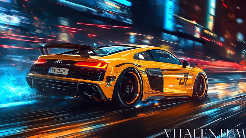 Yellow sports coupe on wet neon city street at night.