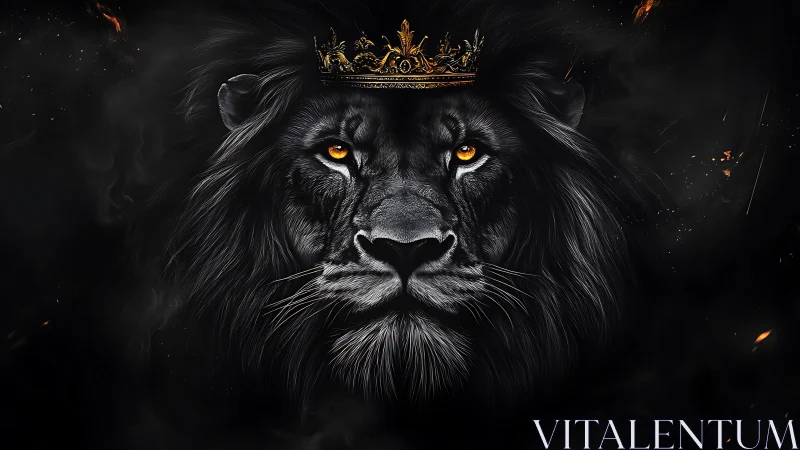 Regal crowned lion glowing softly in dark smoky night.