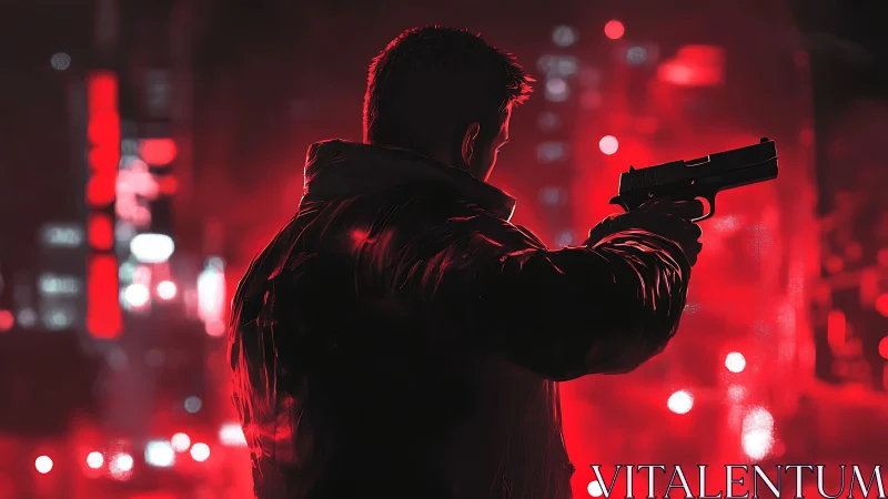 Backlit gunman dominates neon-soaked cyber-noir cityscape