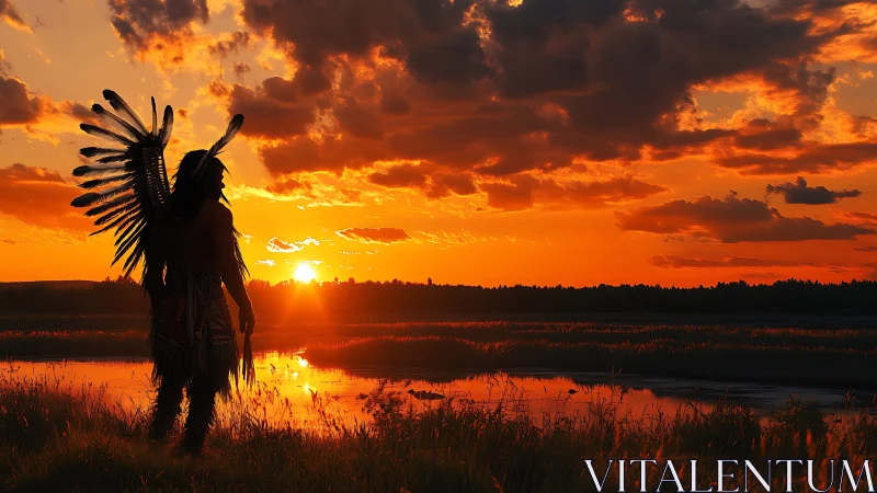 Silhouetted figure in feathered headdress watches blazing sunset