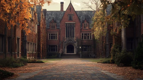 Historic brick campus building framed by autumn trees