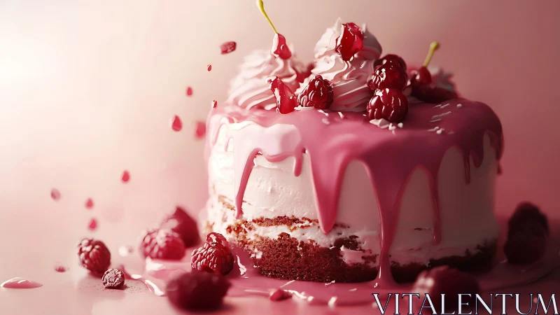Raspberry Layer Cake with Pink Drip Glaze and Fresh Berries
