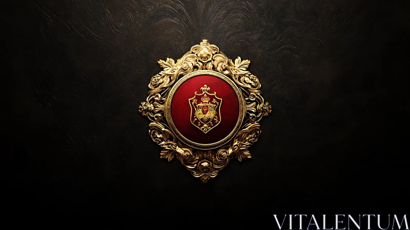 Ornate golden heraldic crest on deep red medallion.