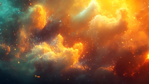 Fiery orange and teal nebula clouds occupy a dense starfield