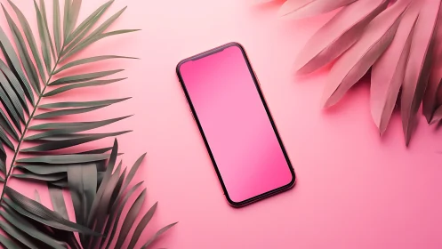 Smartphone Display Mockup with Tropical Foliage and Gradient Pink Environment