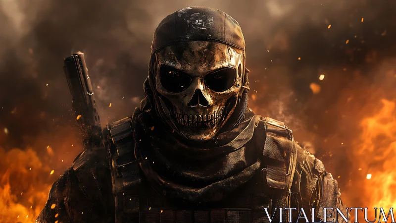 Armored skull-masked soldier stands amid flames and smoke