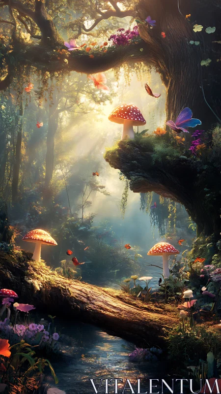 Enchanted forest stream with luminous red toadstool circle.