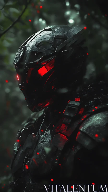 Silent red-souled mech sentinel resting in misty forest twilight.