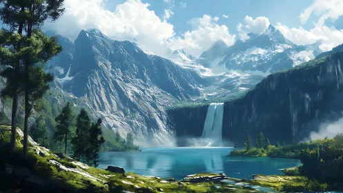 Mountain lake and waterfall under crisp alpine daylight.