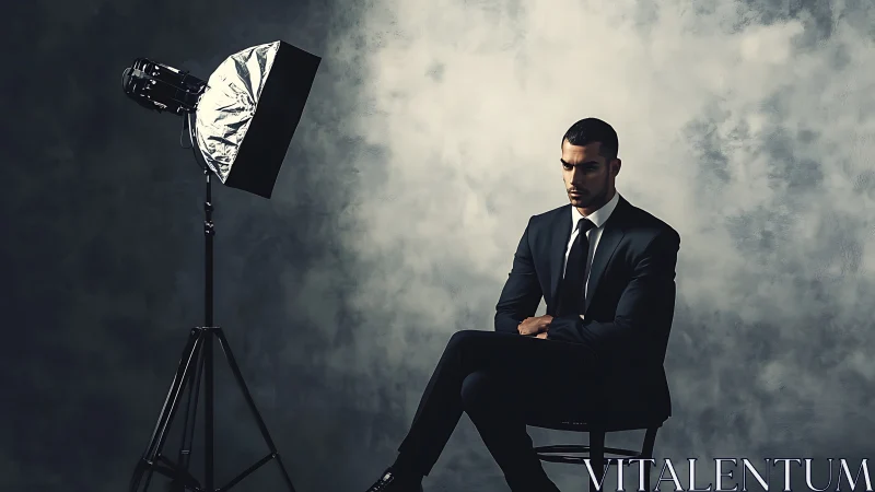 Man in suit seated beside studio light on grey backdrop.