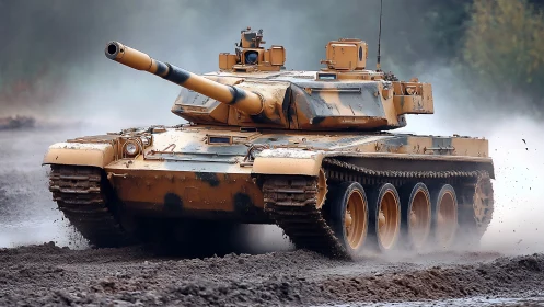 Modern desert-camouflage battle tank advancing through mud.