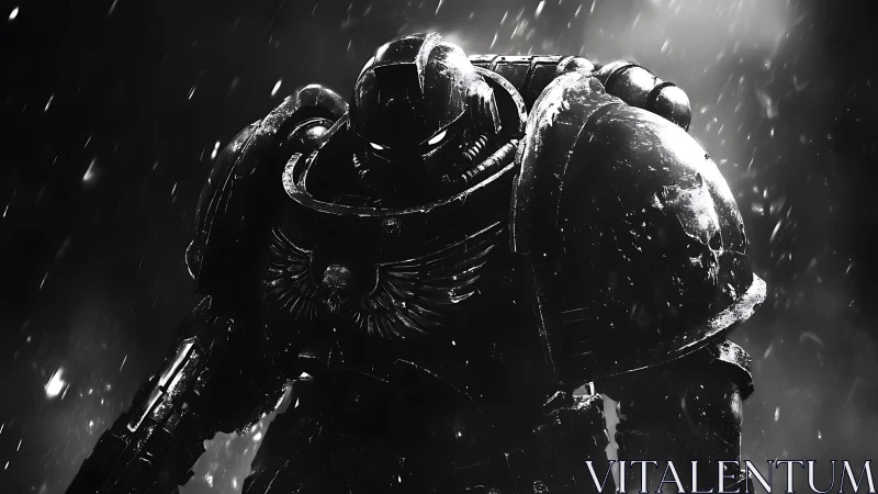 Armored sci fi warrior in heavy rain, stark monochrome art.