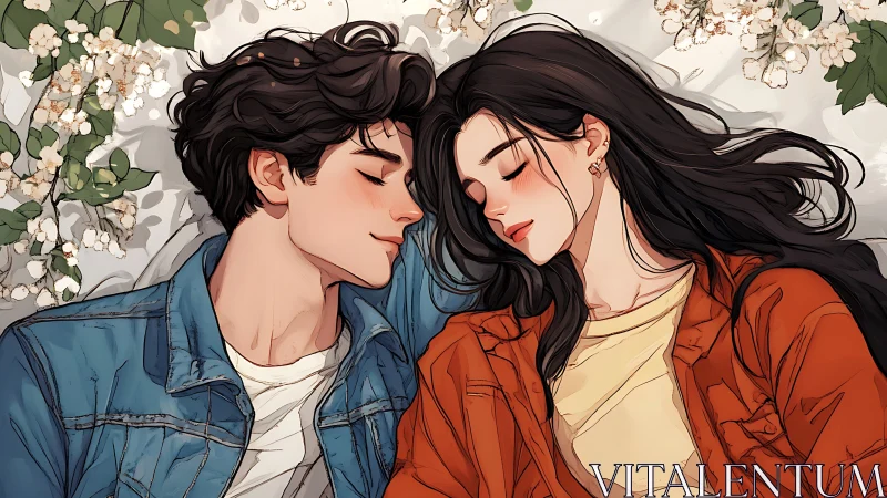 Two figures in casual denim resting among flowering vines with serene intimacy