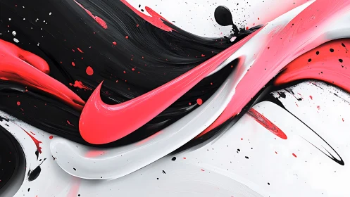 Nike swoosh over abstract red, black and white paint flows.