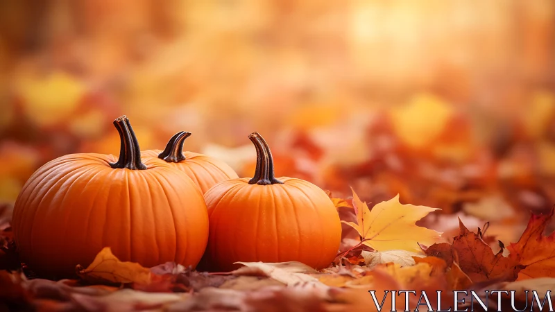 Cozy trio of pumpkins resting in a golden carpet of leaves.