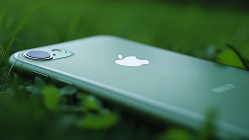 Green iPhone with camera lens resting on natural grass backdrop