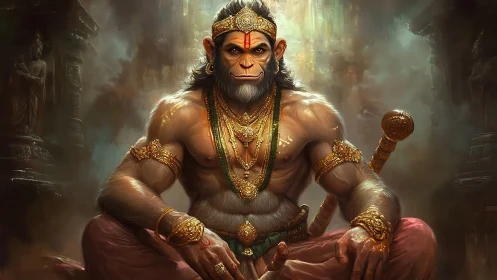 Divine monkey warrior sits in golden-lit ancient temple realm