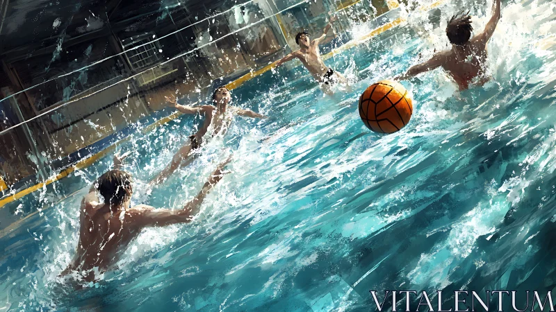 Four swimmers chase orange ball through turbulent pool water