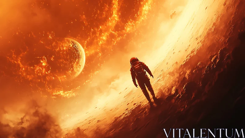 Lone astronaut walks toward blazing cosmic inferno sky